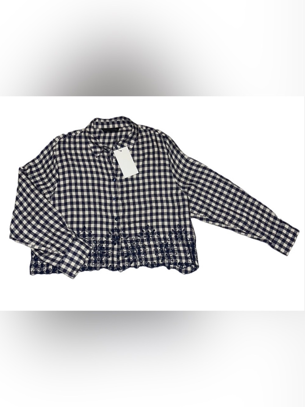 Zara Blue and White Gingham Button-Down Top with Floral Cutwork - Picture 3 of 5